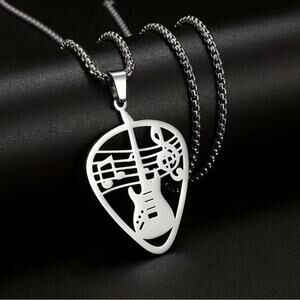 Stainless Steel Punk Rock Music Note Guitar Pick Pendant Men Women Unisex